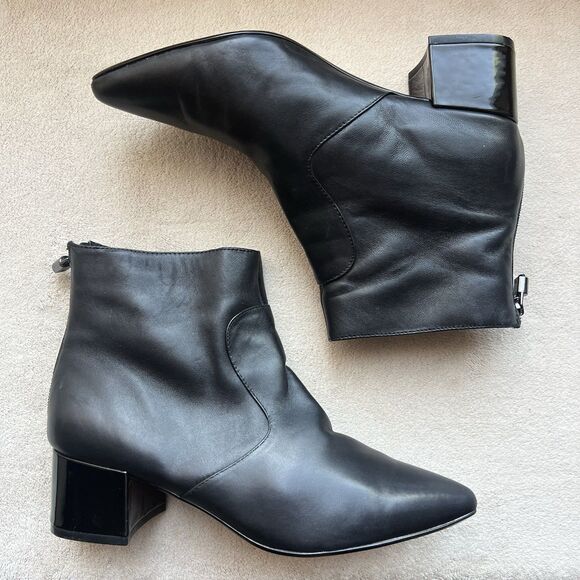 Karl Lagerfeld Maude Black Leather Block Heel Ankle Boots Women 8 Back Zip Chic - Picture 1 of 16